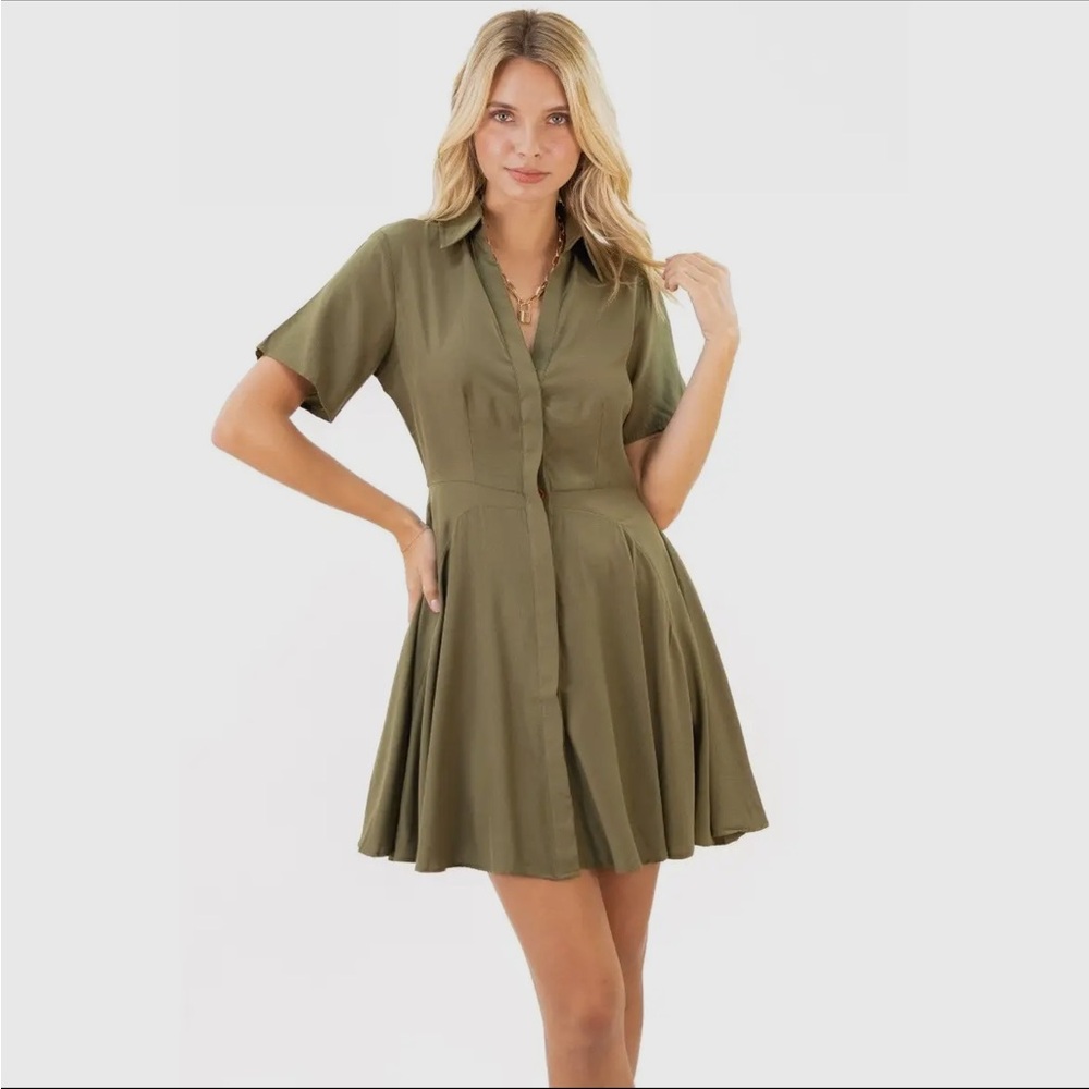 Elegant Olive Mini Shirt Dress